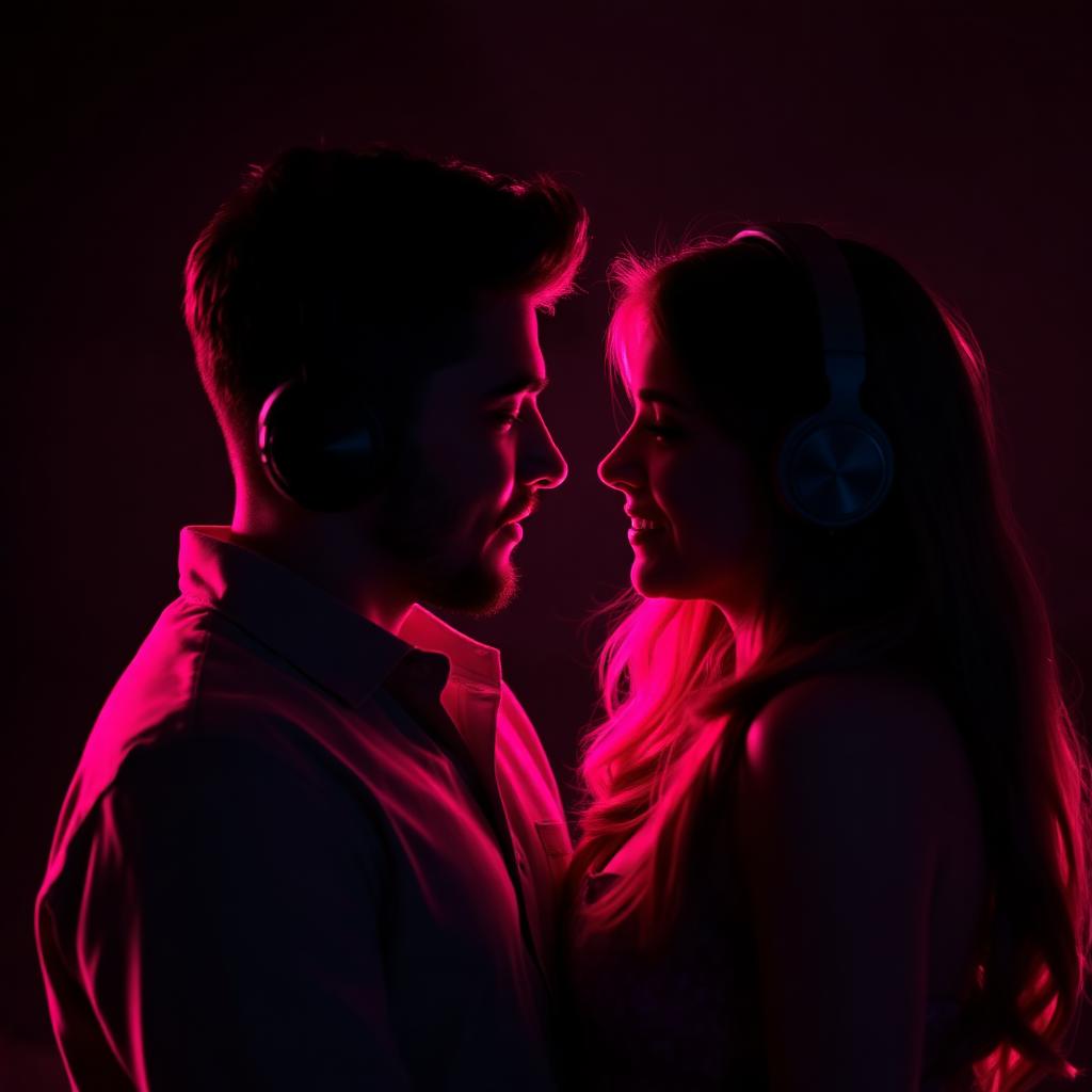 Pareja escuchando música con audífonos en ambiente romántico